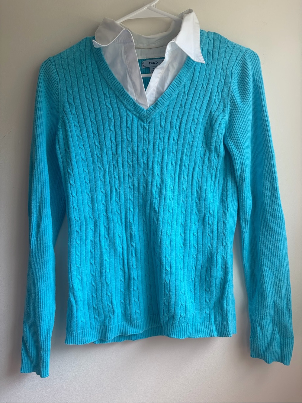 Izod Cable Knit Women’s Pullover Sweater Blue Collared Size M 100% Cotton